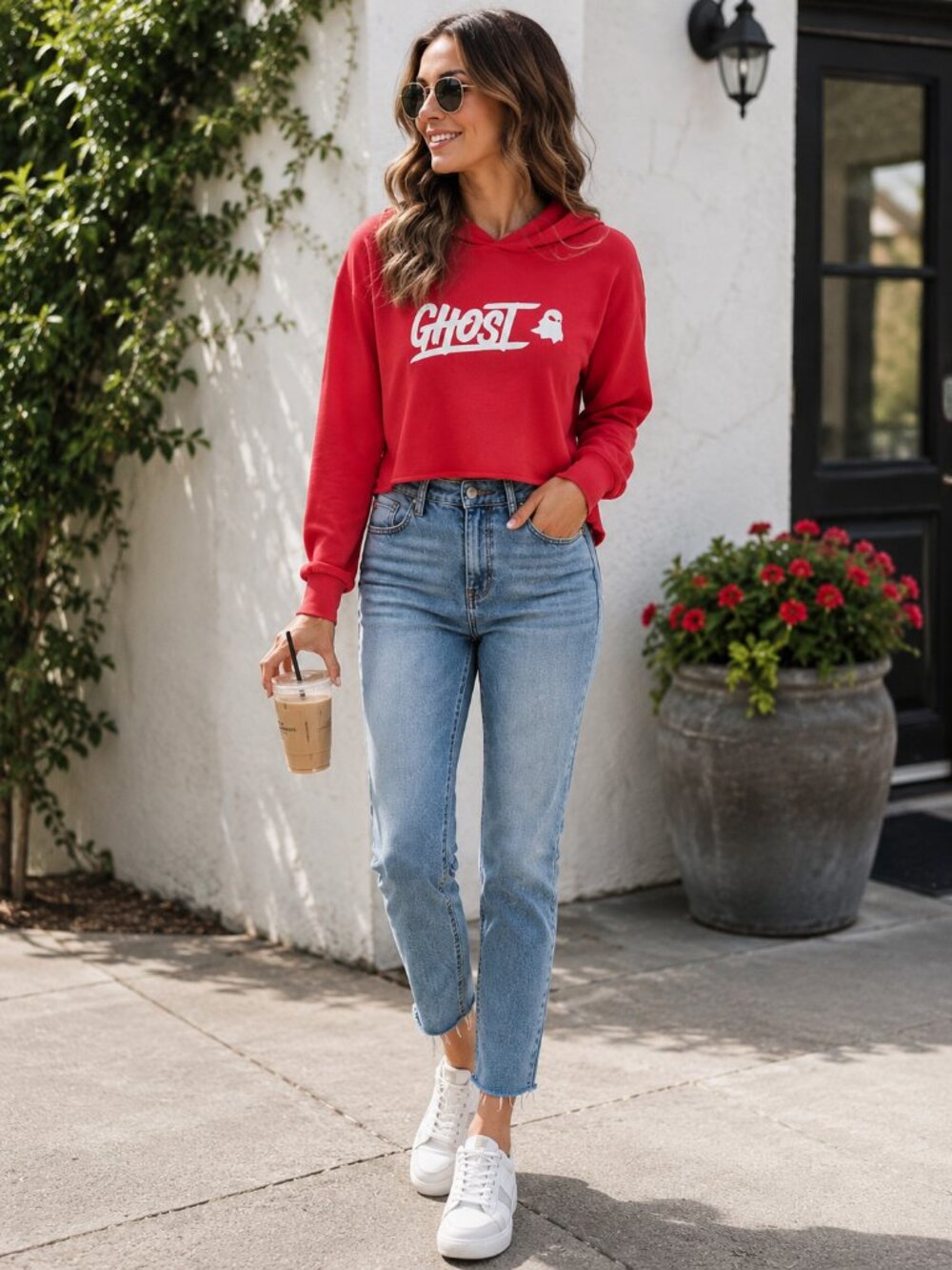 GHOST Lifestyle x Sportiqe Cropped Gym Hoodie Red Graphic Sweatshirt-S